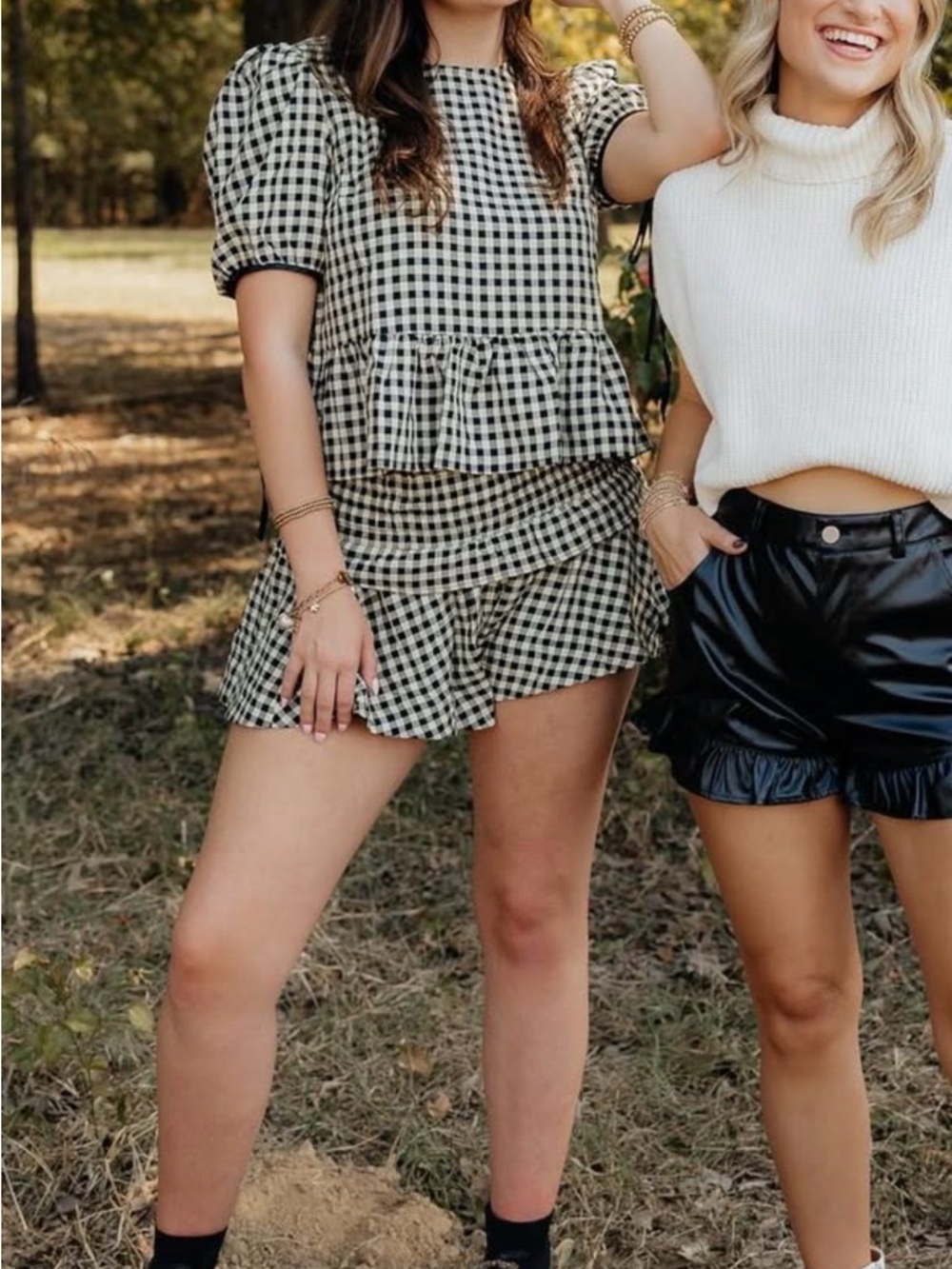 TCEC Black & White Gingham Peplum Top and Ruffled Skort Set